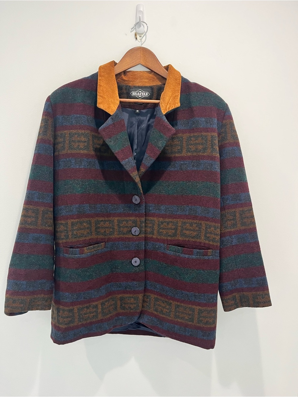 Braetan Vintage Southwestern Geometric Patterned Coat with Contrast Brown Collar